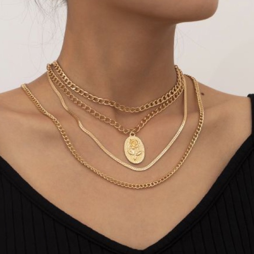 Gold Rose Pendant Layered Necklace